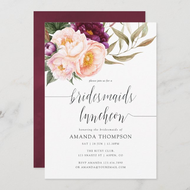 Burgundy - Marsala and Peach Bridesmaids Luncheon Invitation (Front/Back)