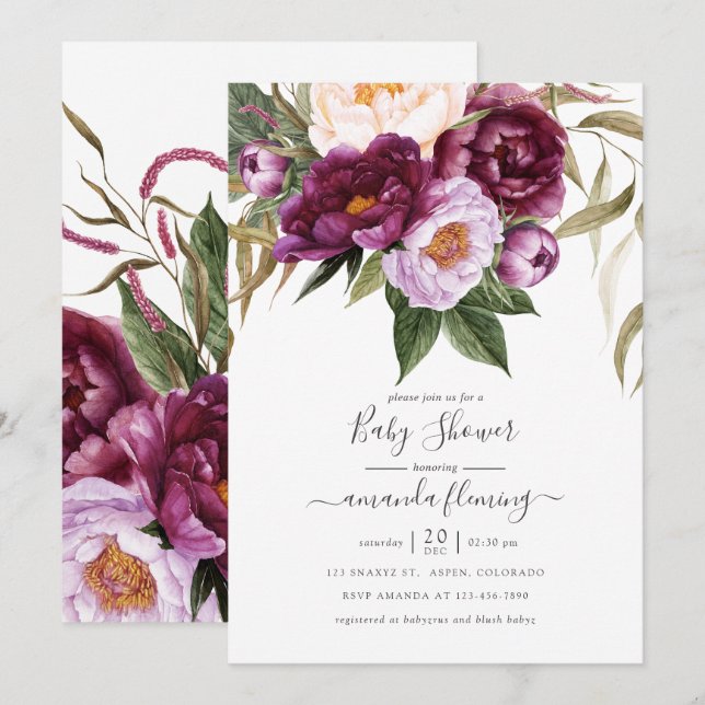 Burgundy - Marsala and Peach Floral Baby Shower Invitation (Front/Back)