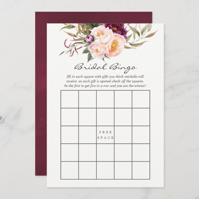 Burgundy - Marsala and Peach Floral Bridal Bingo Invitation (Front/Back)