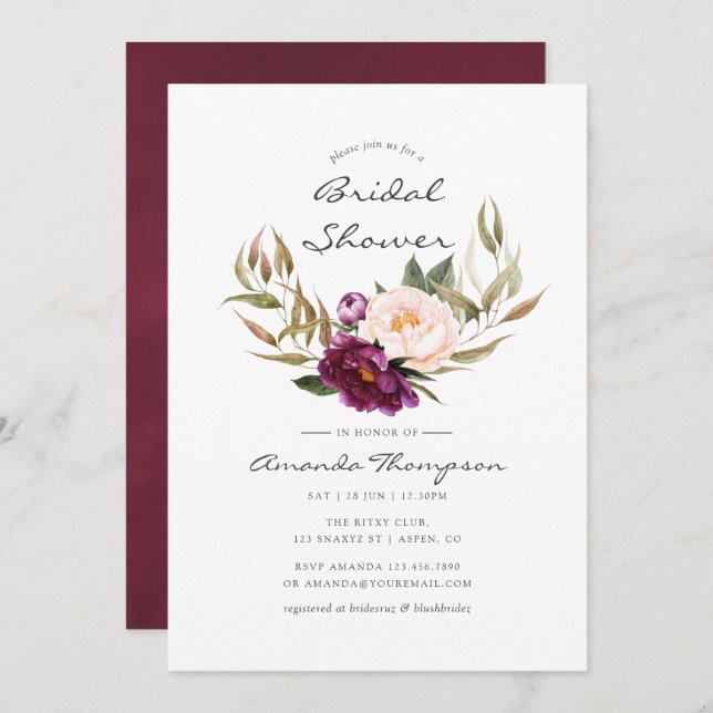 Burgundy - Marsala and Peach Floral Bridal Shower Invitation (Front/Back)