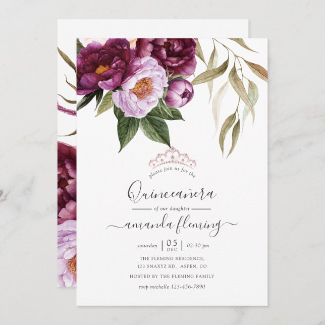 Burgundy - Marsala and Peach Floral Quinceañera Invitation (Front/Back)