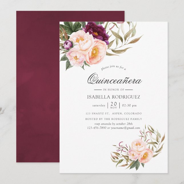 Burgundy - Marsala and Peach Floral Quinceañera Invitation (Front/Back)