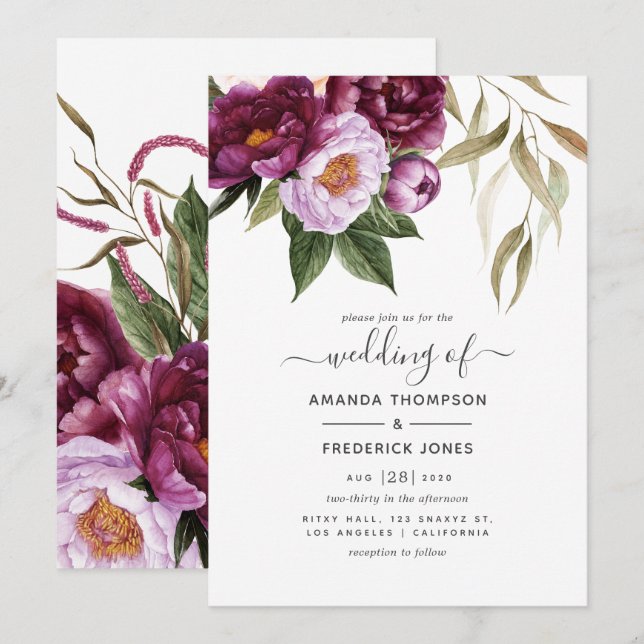 Burgundy - Marsala and Peach Floral Wedding Invitation (Front/Back)