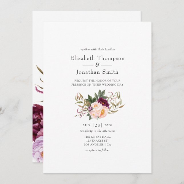 Burgundy - Marsala and Peach Floral Wedding Invite (Front/Back)