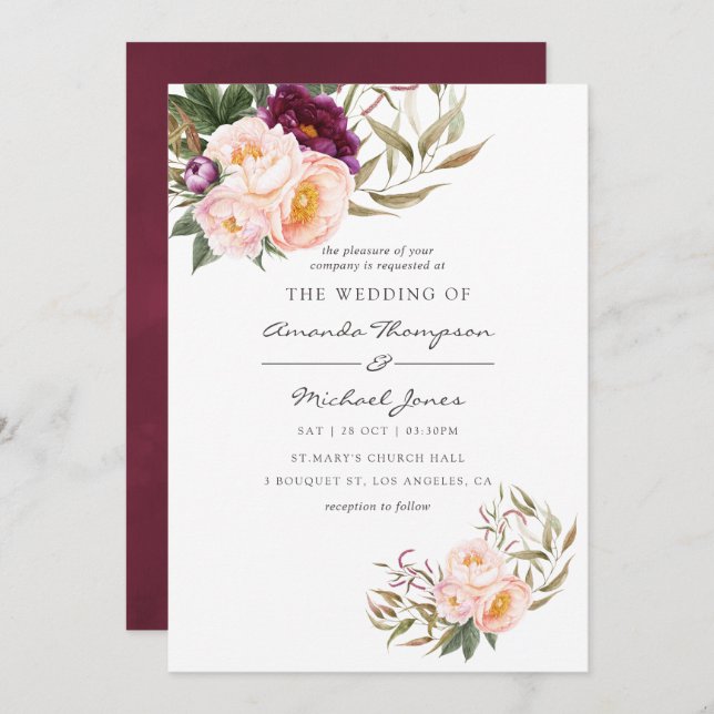 Burgundy - Marsala and Peach Floral Wedding Invite (Front/Back)