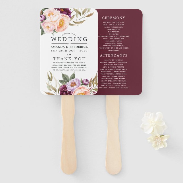 Burgundy Marsala and Peach Floral Wedding Program Hand Fan (Front and Back)