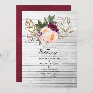 Burgundy - Marsala and Peach Rustic Floral Wedding Invitation