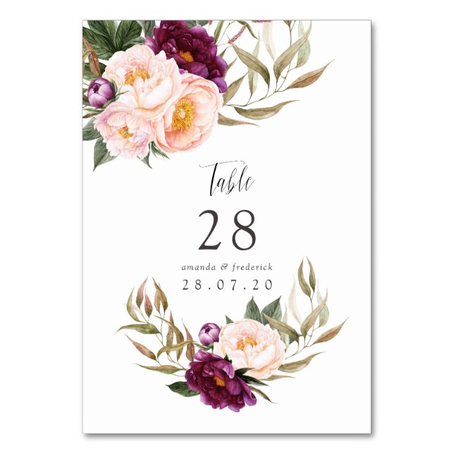 Burgundy - Marsala and Peach Wedding Table Number (Front)