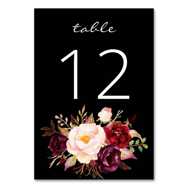 Burgundy Marsala and Pink Floral 3- Black Table Number (Back)