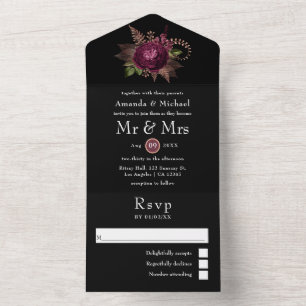 Burgundy - Marsala and Rose Gold Floral Wedding Al All In One Invitation