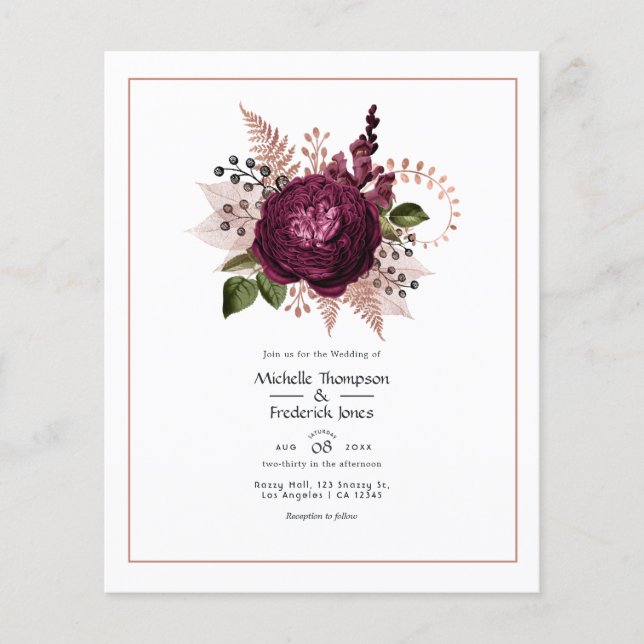 Burgundy - Marsala and Rose Gold Floral Wedding Flyer (Front)