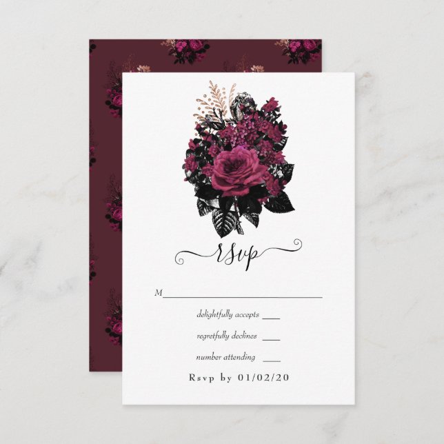Burgundy - Marsala and Rose Gold Floral Wedding RSVP Card (Front/Back)