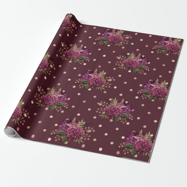 Burgundy - Marsala and Rose Gold Floral Wrapping Paper (Unrolled)