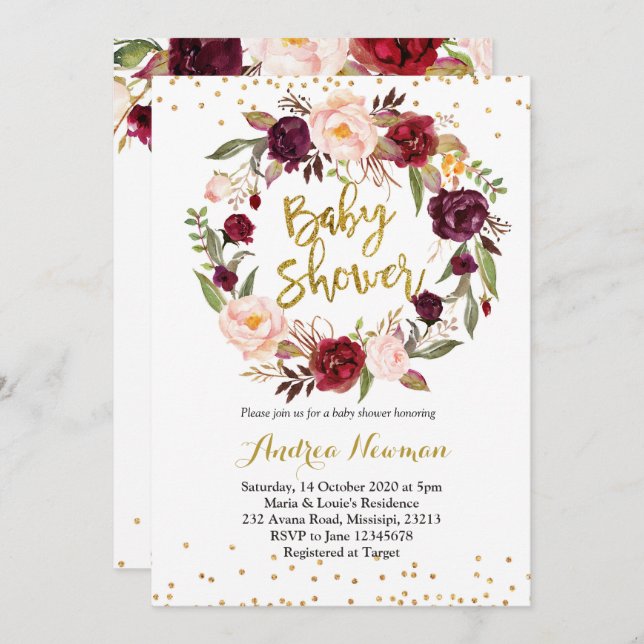burgundy marsala baby shower invitation (Front/Back)