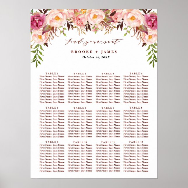 Burgundy Marsala Blush Boho Wedding Seating Chart (Front)