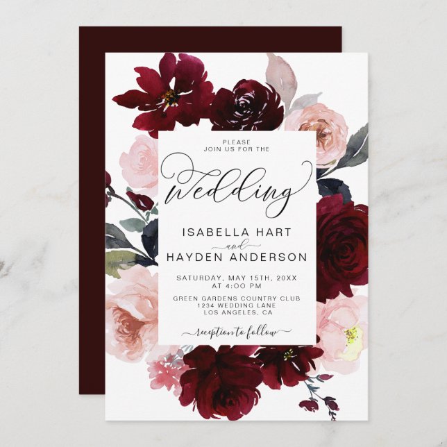 Burgundy Marsala Blush Dusty Pink Floral Wedding Invitation (Front/Back)
