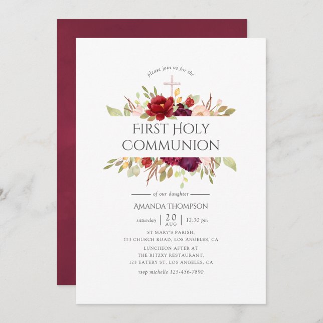 Burgundy - Marsala & Blush Floral First Communion Invitation (Front/Back)