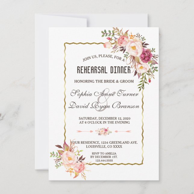 Burgundy Marsala Blush Floral Rehearsal Dinner Invitation (Front)