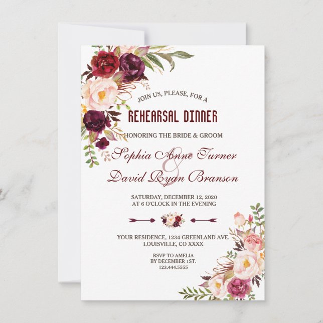 Burgundy Marsala Blush Floral Rehearsal Dinner Invitation (Front)