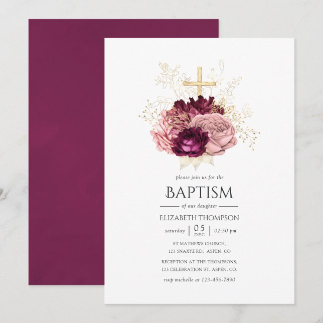 Burgundy Marsala Blush Pink and Gold Baptism Invitation (Front/Back)