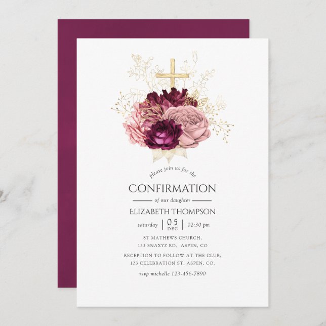 Burgundy Marsala Blush Pink and Gold Confirmation Invitation (Front/Back)