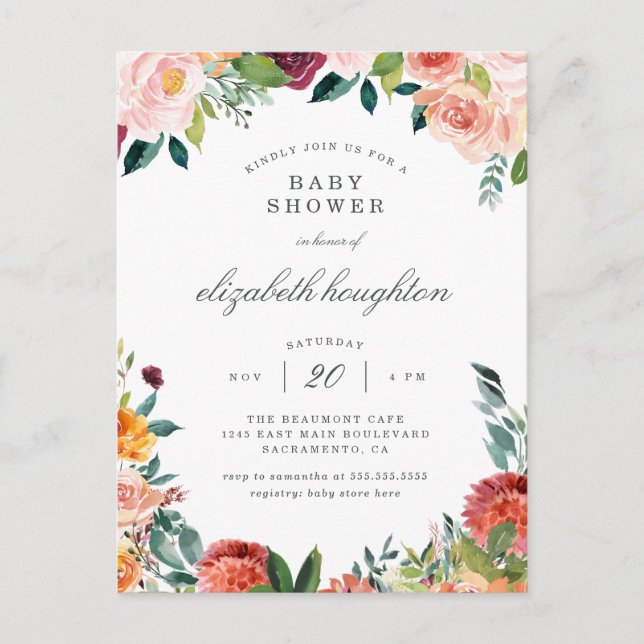 Burgundy Marsala Blush Pink Floral Baby Shower Invitation Postcard (Front)