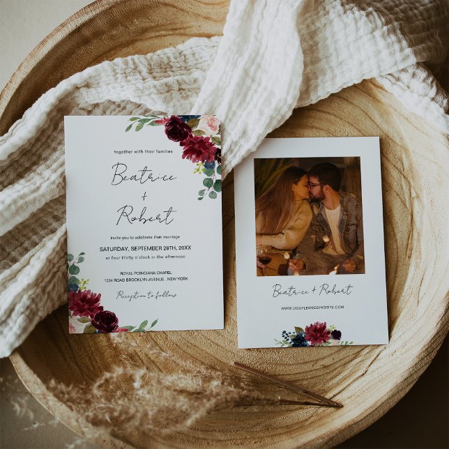 Burgundy Marsala & Blush Pink Floral Wedding Photo Invitation (Burgundy Marsala & Blush Pink Floral Wedding Photo Invitation)
