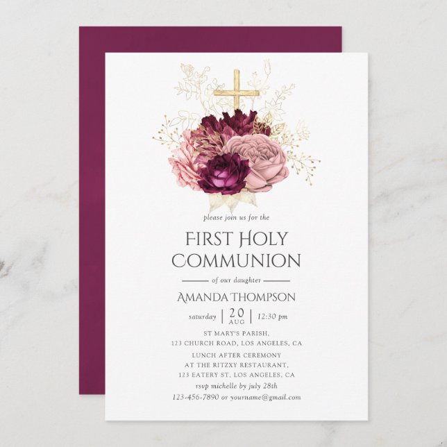Burgundy Marsala Blush Pink & Gold Holy Communion Invitation (Front/Back)