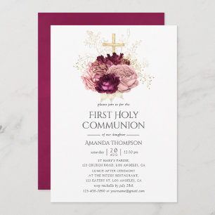 Burgundy Marsala Blush Pink & Gold Holy Communion Invitation