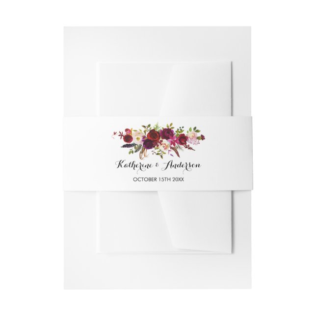 Burgundy Marsala Bohemian Floral Chic Wedding Invitation Belly Band (Front Example)