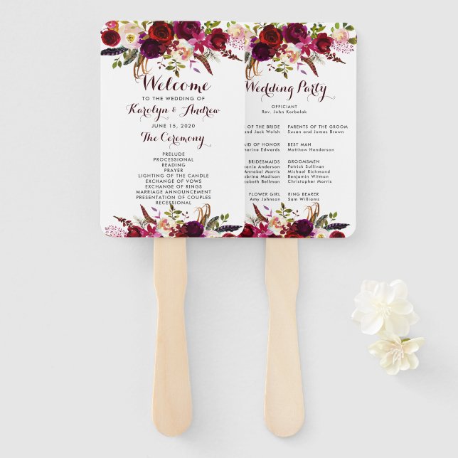 Burgundy Marsala Bohemian Floral Wedding Program Hand Fan (Front and Back)