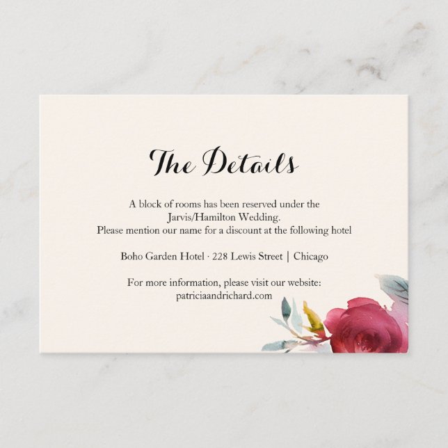 Burgundy Marsala Boho Floral Wedding Details Enclosure Card (Front)