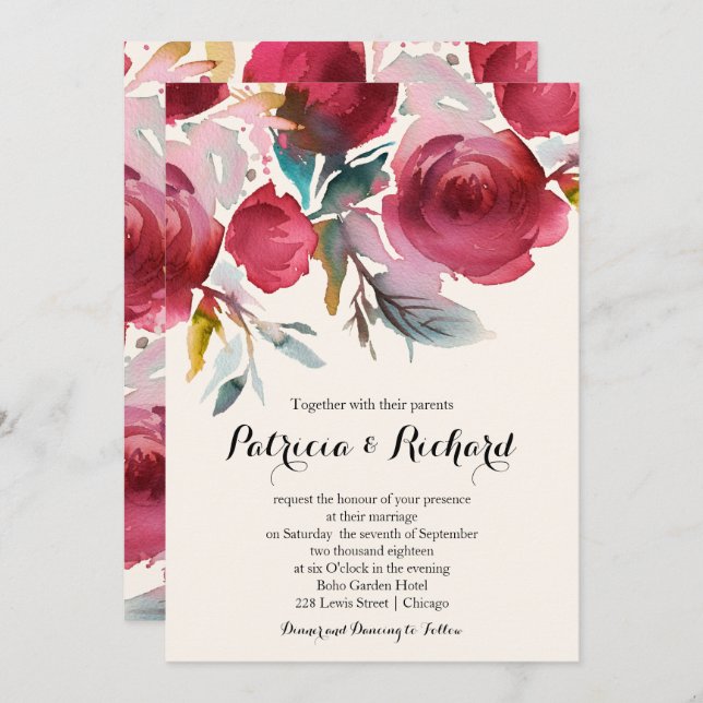 Burgundy Marsala Boho Floral Wedding Invitation (Front/Back)