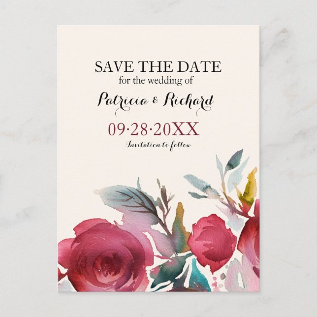 Burgundy Marsala Boho Floral Wedding Save the Date Announcement Postcard (Front)