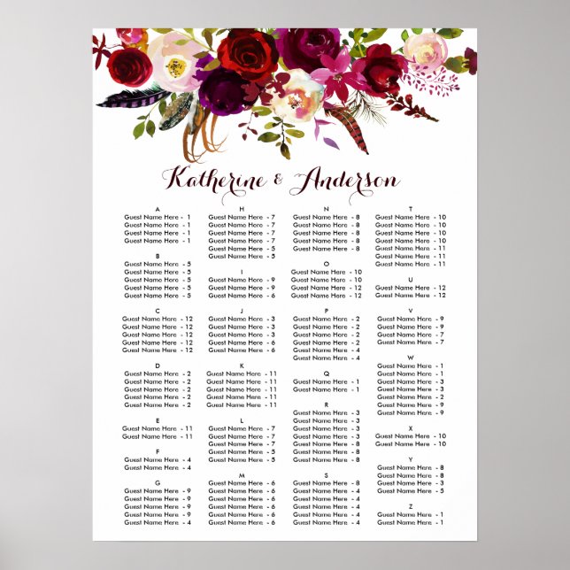 Burgundy Marsala Boho Floral Wedding Seating Chart (Front)