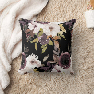 Burgundy Marsala Cream Watercolor Floral Black Cushion