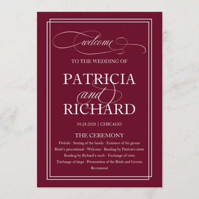 Burgundy Marsala Elegant Wedding Ceremony Program (Front)