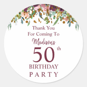 Burgundy Marsala Floral 50th Birthday Thank you Classic Round Sticker