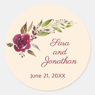 Burgundy Marsala Floral and Greenery   Wedding Classic Round Sticker