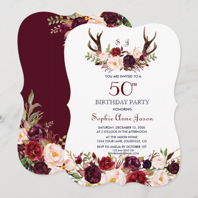 Burgundy Marsala Floral Antlers 50th Birthday Invitation (Front/Back)