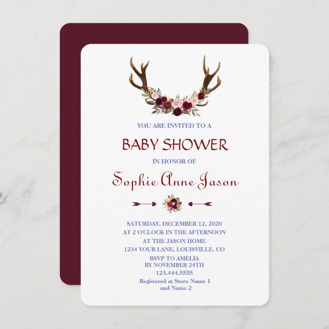 Burgundy Marsala Floral Antlers Baby Shower Invitation (Front/Back)