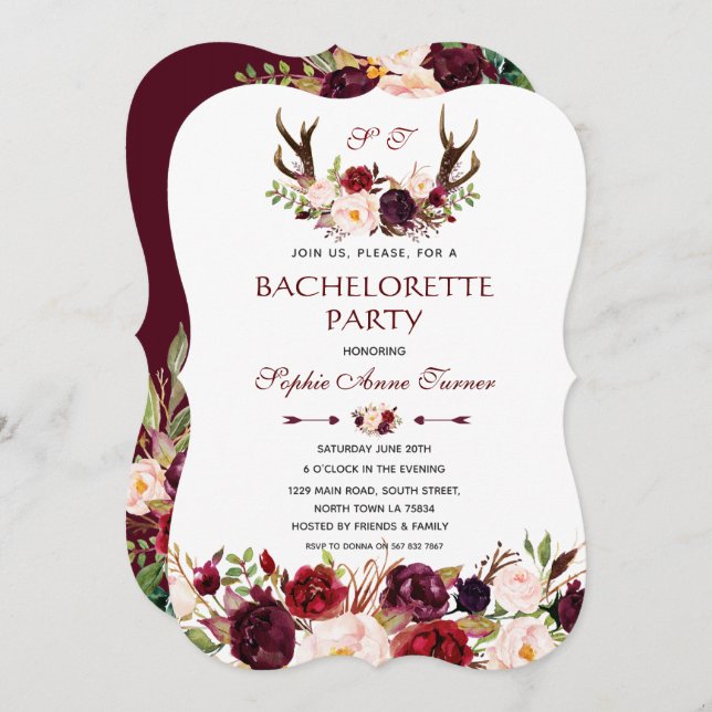 Burgundy Marsala Floral Antlers Bachelorette Party Invitation (Front/Back)