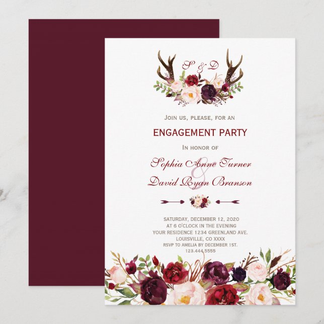 Burgundy Marsala Floral Antlers Engagement Party Invitation (Front/Back)