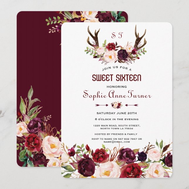 Burgundy Marsala Floral Antlers Monogram Sweet 16 Invitation (Front/Back)