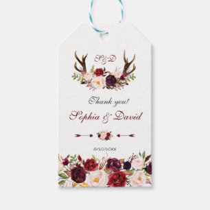 Burgundy Marsala Floral Antlers Monogram Wedding Gift Tags