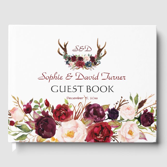 Burgundy Marsala Floral Antlers Monogram Wedding Guest Book (Front)