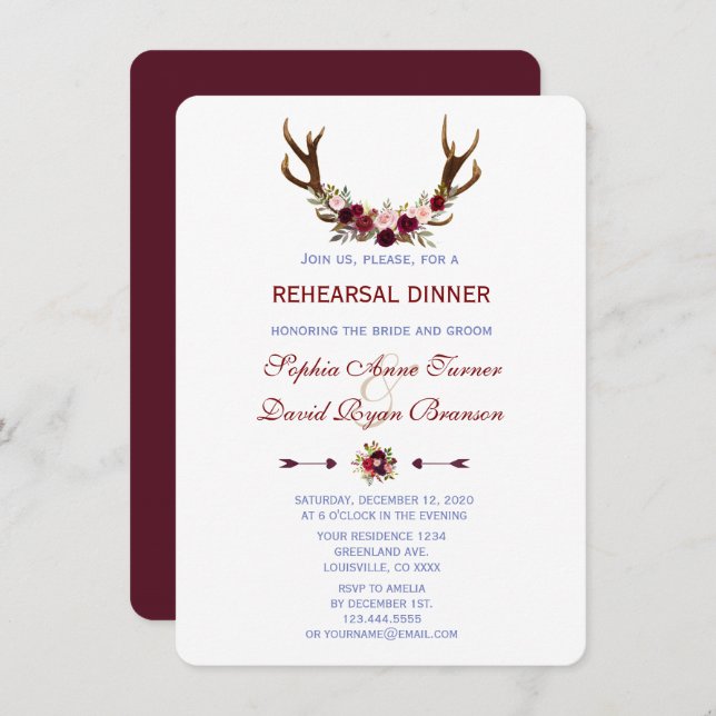 Burgundy Marsala Floral Antlers Rehearsal Dinner Invitation (Front/Back)