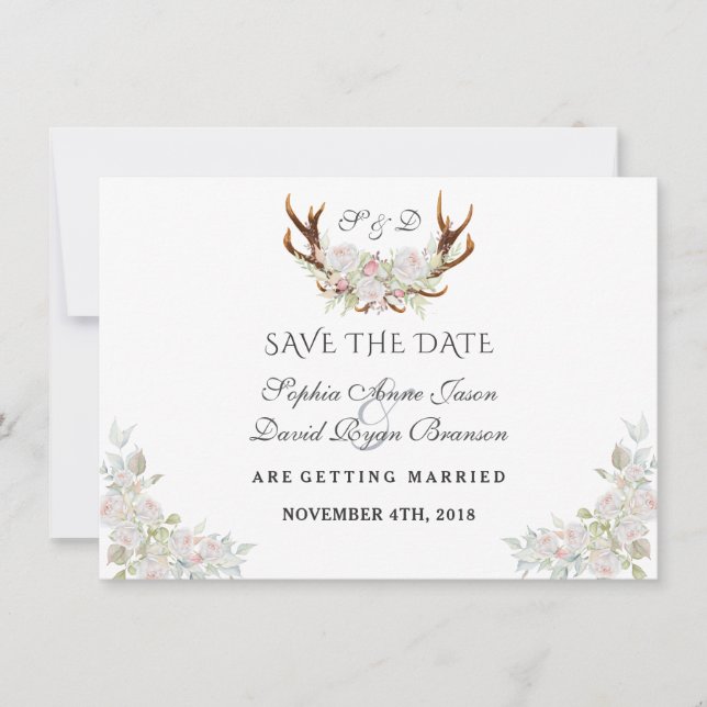 Burgundy Marsala Floral Antlers Save The Date (Front)