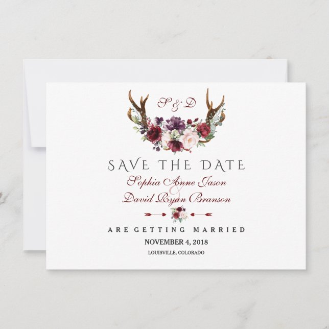 Burgundy Marsala Floral Antlers Save The Date (Front)