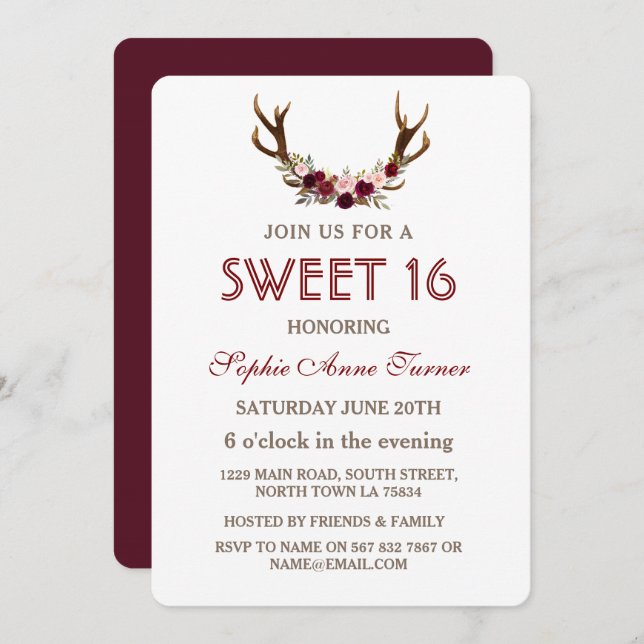 Burgundy Marsala Floral Antlers Sweet 16 Invite (Front/Back)
